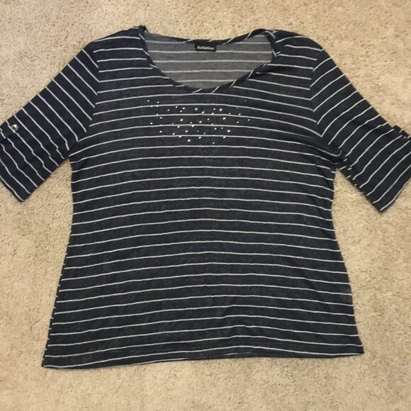 Canadian Rhinestone Collar Half Sleeve Distressed Rayon Striped Top - Picture 11 of 16